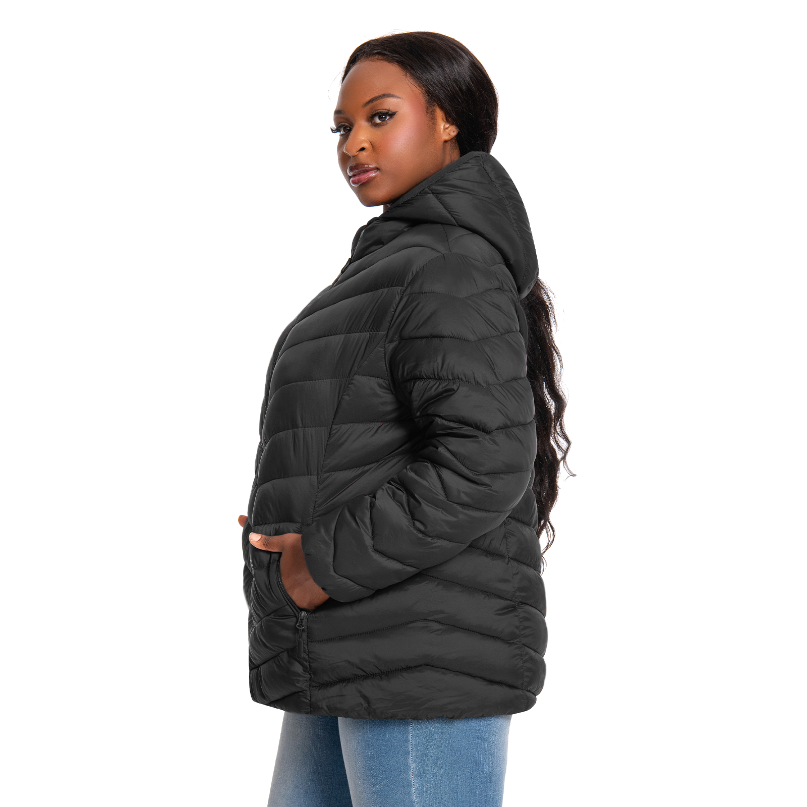 The Chevron Quilted Detachable Hood Puffer - Plus Size