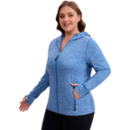 Blue Heather | HHE plus size women's lightweight zip-up jacket in bright blue,  side view.