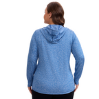 Blue Heather | HHE plus size women's lightweight zip-up jacket in bright blue,  back view.