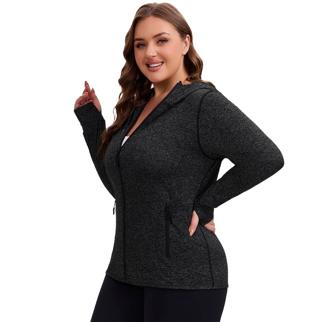 Black Heather | HHE plus size women's lightweight zip-up jacket, side view.