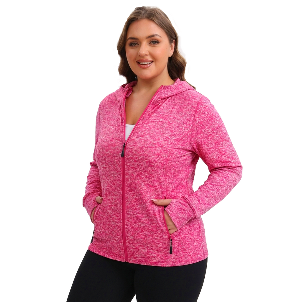 Rose Red Heather  | HHE plus size women's lightweight zip-up jacket,  side view.