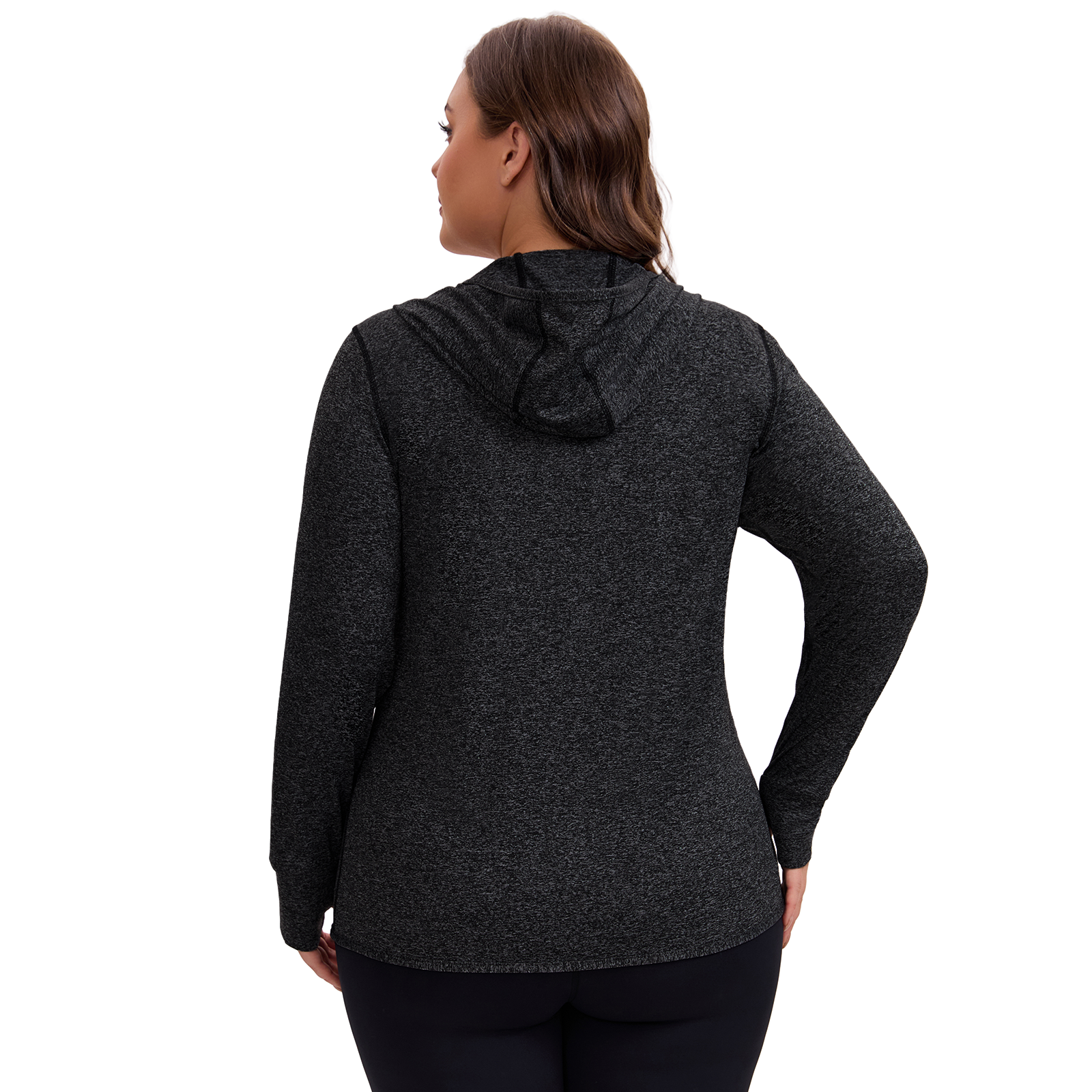 Black Heather | HHE plus size women's lightweight zip-up jacket, back view.