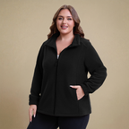 HHE plus size women's fleece jacket in classic black, warm and comfortable zip-up outerwear, front view.