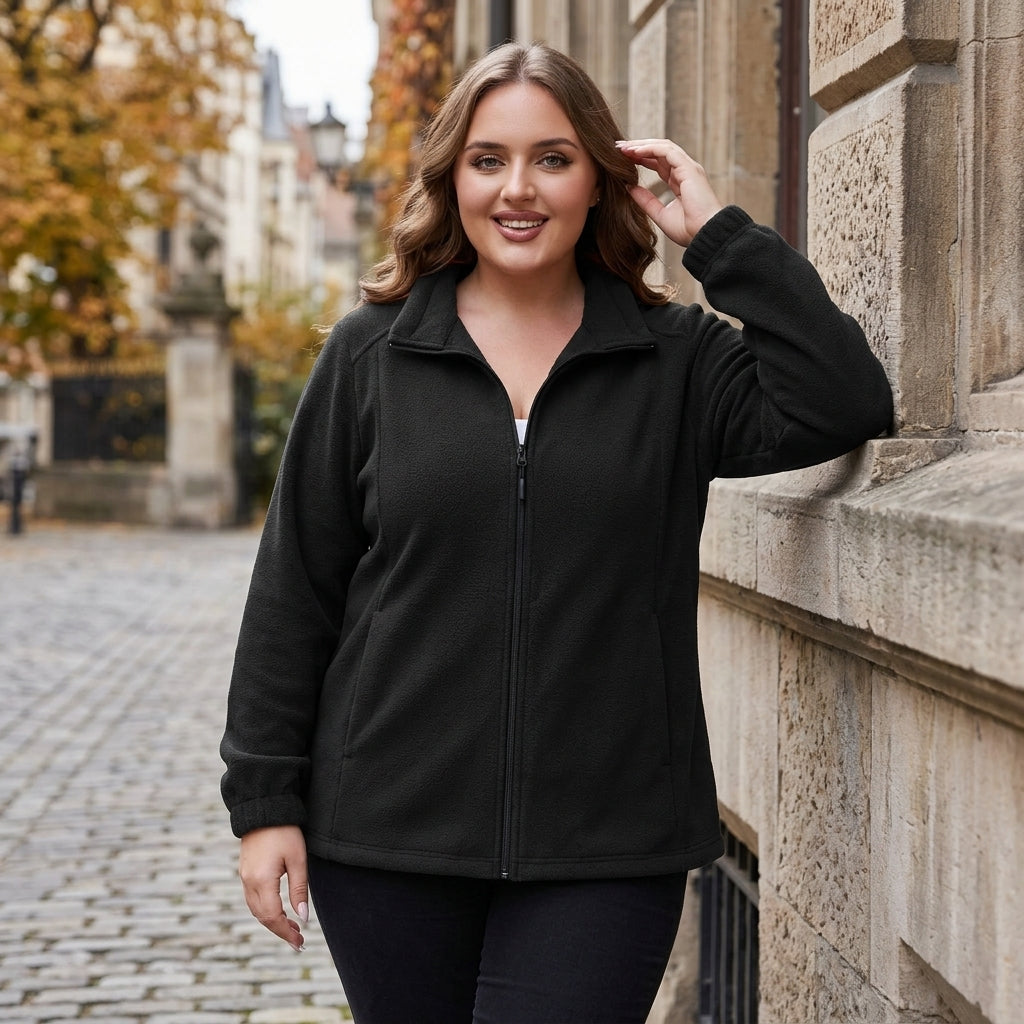 HHE plus size women's fleece jacket in classic black, warm and comfortable zip-up outerwear, worn outdoors in the city.
