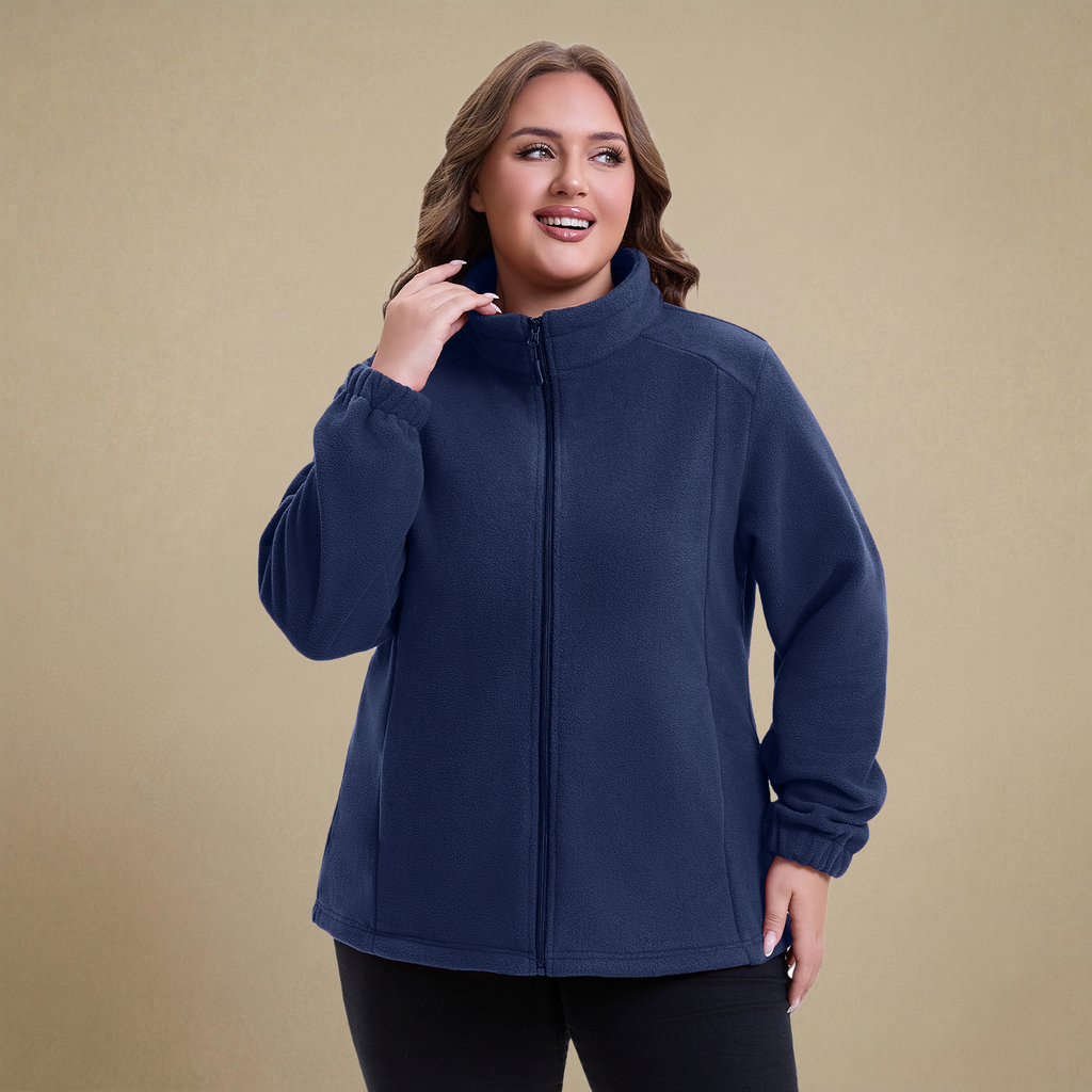 HHE plus size women's fleece jacket in navy blue, warm and comfortable zip-up outerwear, front view.