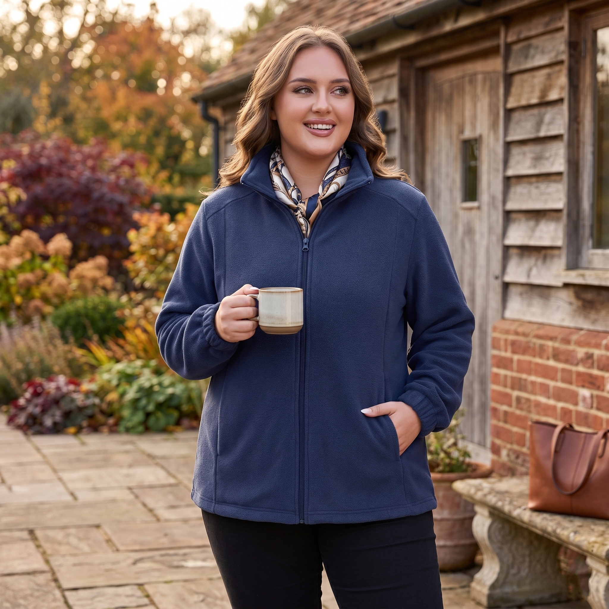 HHE plus size women's fleece jacket in navy blue, warm and comfortable zip-up outerwear, worn outdoors in the city.