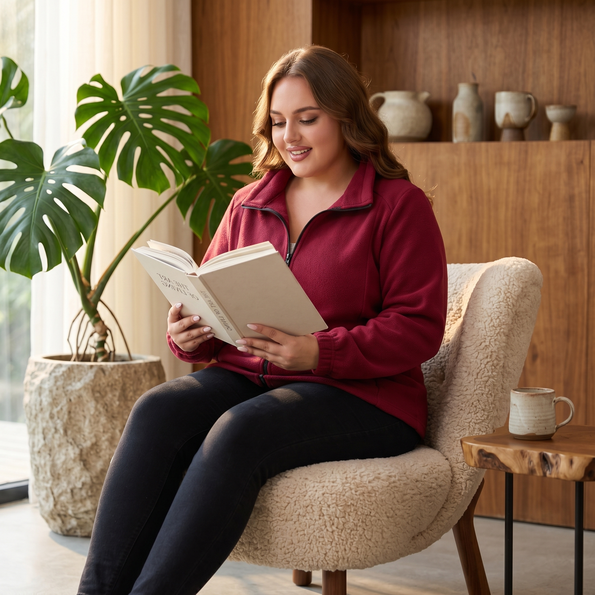 HHE plus size women's fleece jacket in burgundy red, warm and comfortable apparel, worn indoors while reading a book.