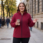 HHE plus size women's fleece jacket in burgundy red, warm and comfortable zip-up outerwear, front view.