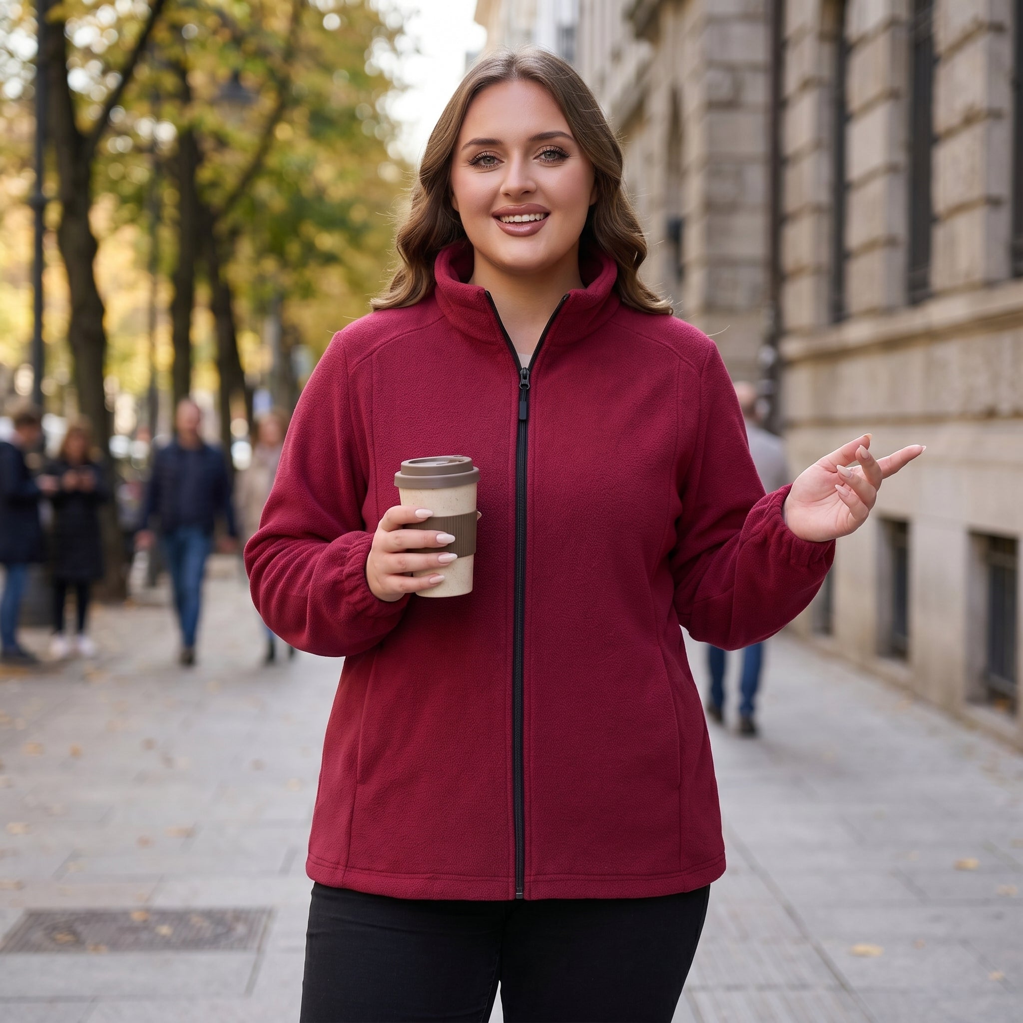 HHE plus size women's fleece jacket in burgundy red, warm and comfortable zip-up outerwear, front view.