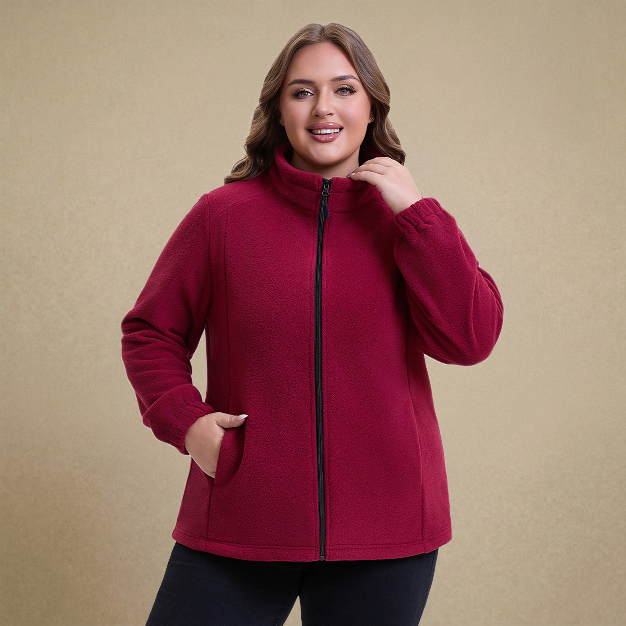 HHE plus size women's fleece jacket in burgundy red, warm and comfortable zip-up outerwear, front view.