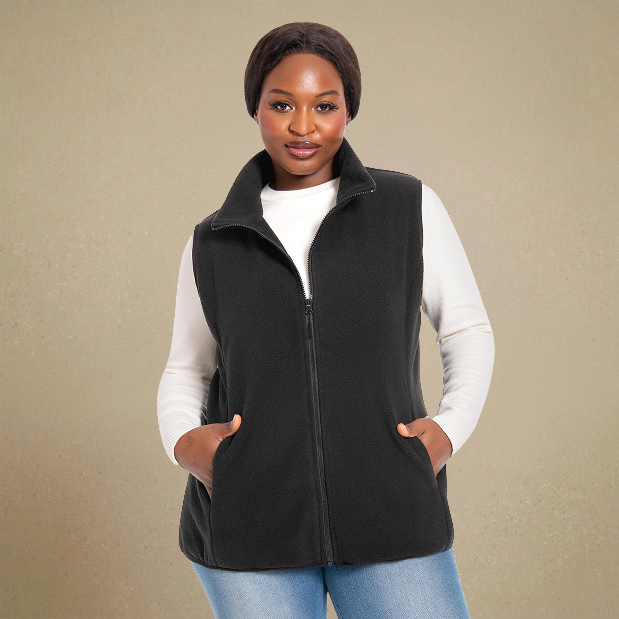 HHE plus size women's fleece vest in classic black, warm and comfortable sleeveless outerwear, front view.