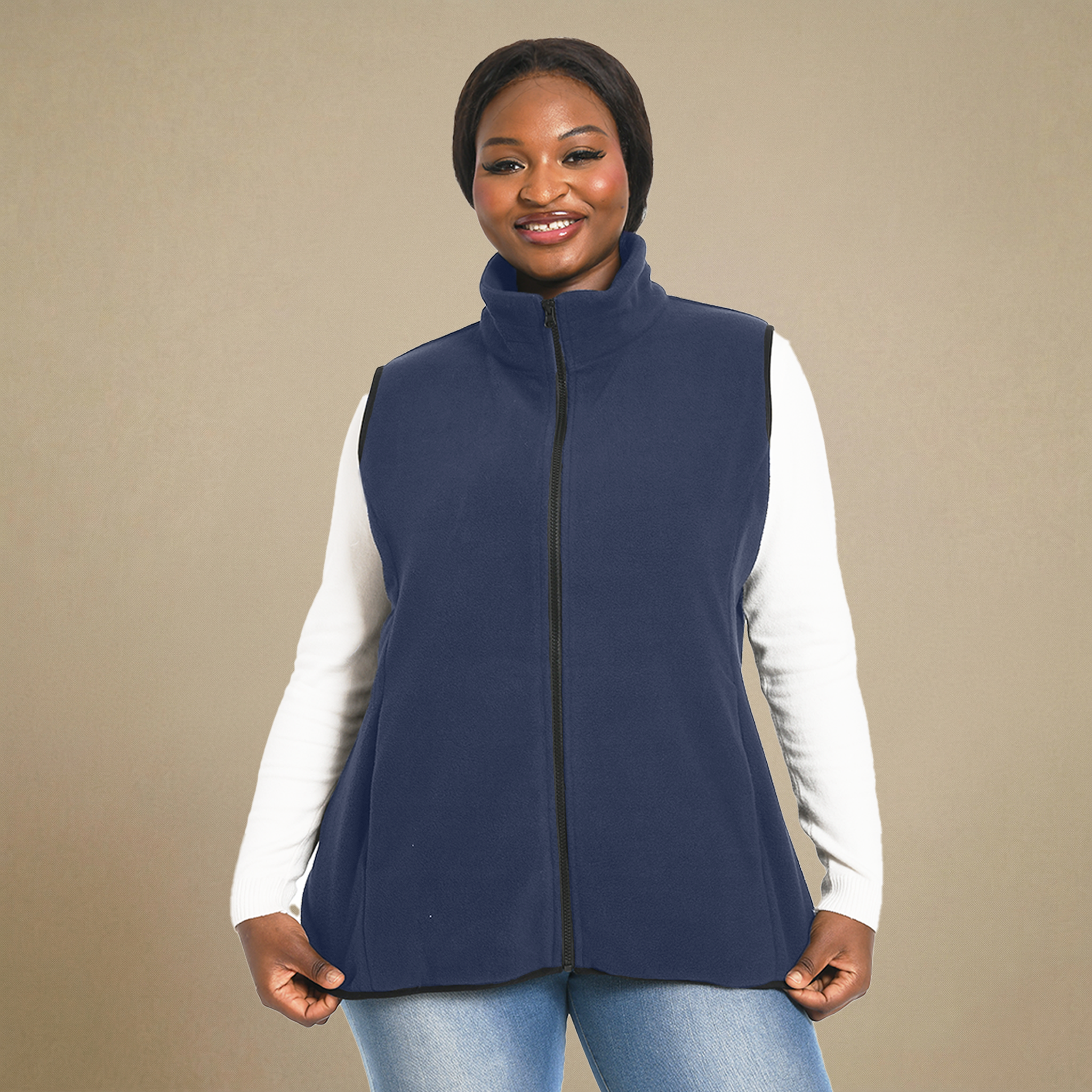 HHE plus size women's fleece vest in navy blue, warm and comfortable sleeveless outerwear, front view.