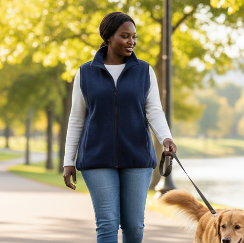 HHE plus size women's fleece vest in navy blue, warm and comfortable sleeveless outerwear, model walking a dog outdoors.