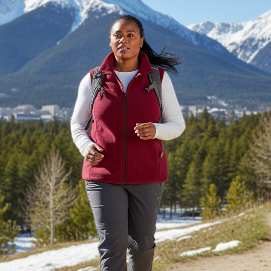 HHE plus size women's fleece vest in burgundy red, warm and comfortable sleeveless outerwear, worn outdoors in nature.
