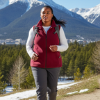HHE plus size women's fleece vest in burgundy red, warm and comfortable sleeveless outerwear, worn outdoors in nature.