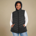 HHE plus size women's hooded puffer vest in classic black, warm and comfortable sleeveless outerwear, front view.