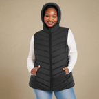 HHE plus size women's hooded puffer vest in classic black, warm and comfortable sleeveless outerwear, front view.