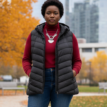 HHE plus size women's puffer vest in classic black, warm and comfortable sleeveless outerwear, worn outdoors on a tree-lined street.