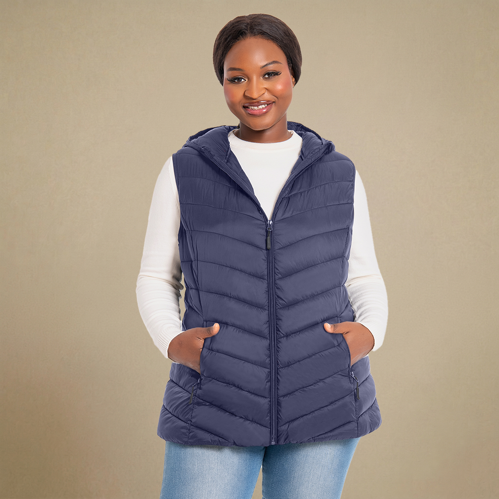 HHE plus size women's hooded puffer vest in navy blue, warm and comfortable sleeveless outerwear, front view.