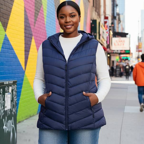 HHE plus size women's puffer vest in navy blue, warm and comfortable sleeveless outerwear, worn outdoors by a colorful wall.