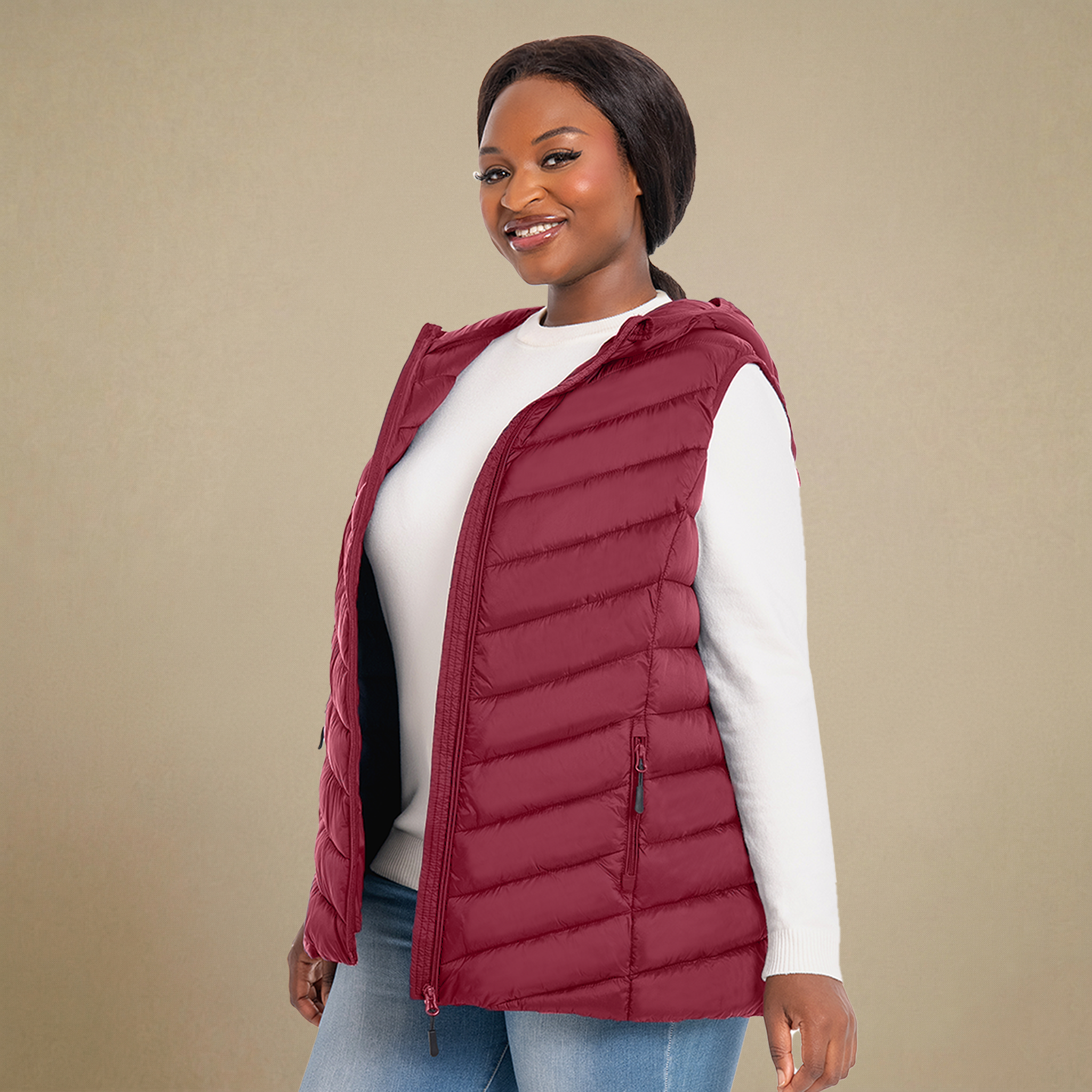 HHE plus size women's hooded puffer vest in burgundy red, warm and comfortable sleeveless outerwear, front view.
