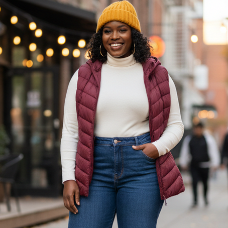 HHE plus size women's puffer vest in burgundy red, warm and comfortable sleeveless outerwear, worn outdoors in the city at night.