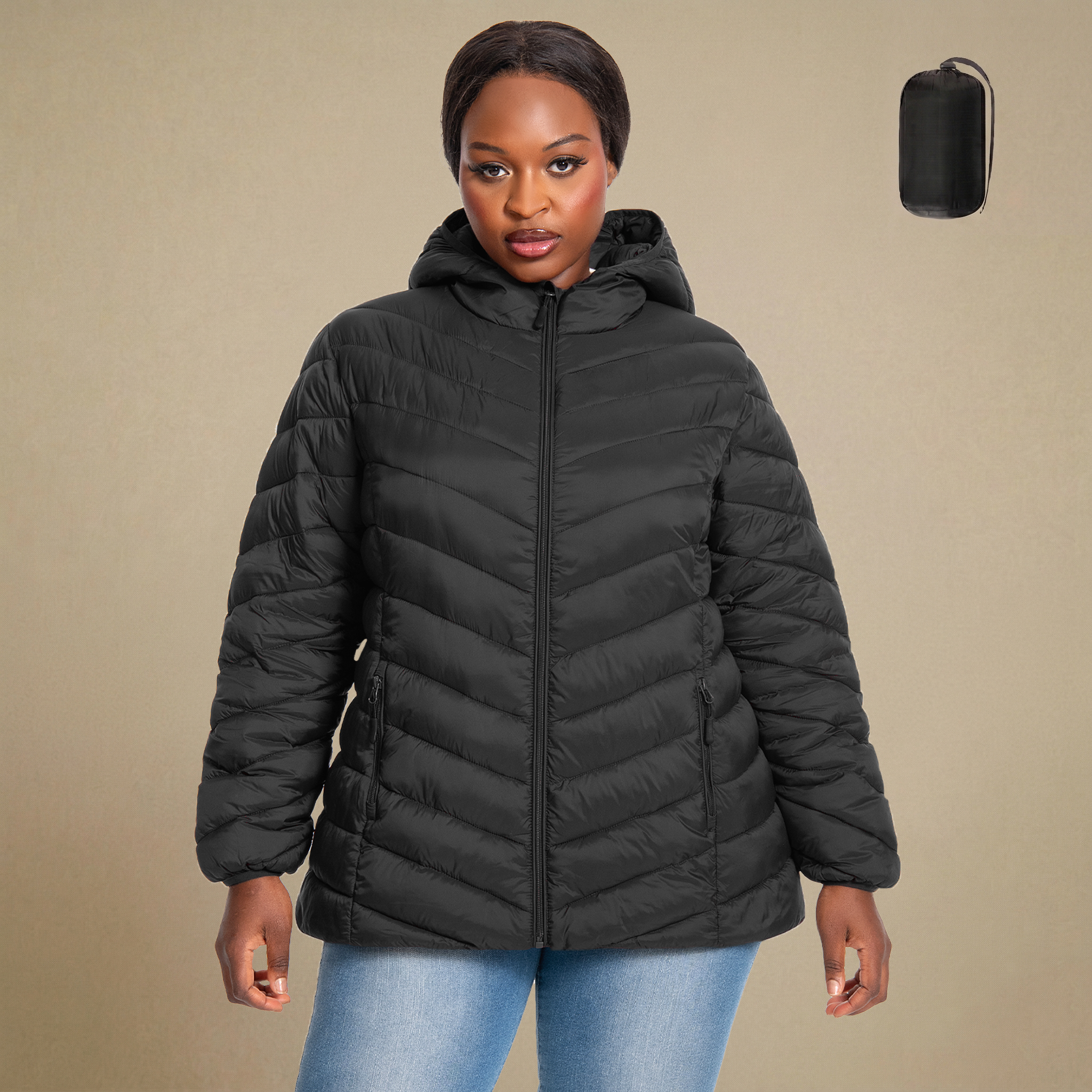 HHE plus size women's lightweight packable quilted jacket in classic black, warm and comfortable functional outerwear, front view.