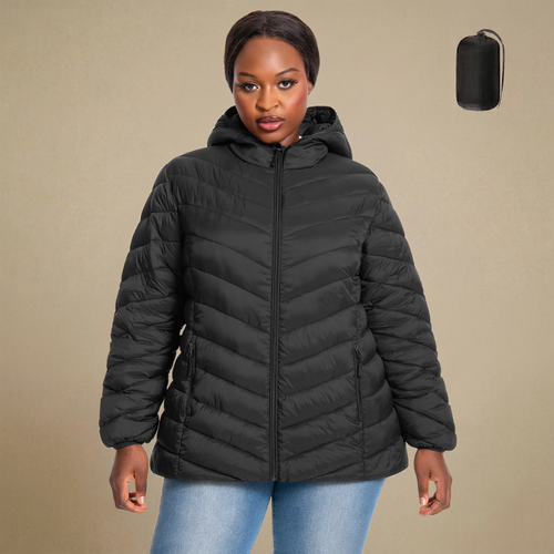 HHE plus size women's lightweight packable quilted jacket in classic black, warm and comfortable functional outerwear, front view.
