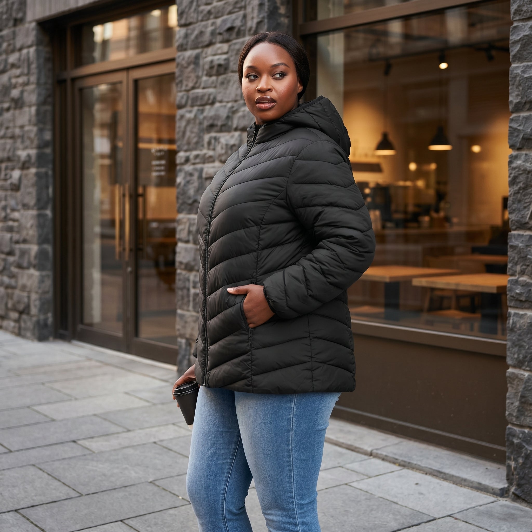 HHE plus size women's lightweight packable quilted jacket in classic black, warm and comfortable functional everyday wear, worn outdoors in the city.