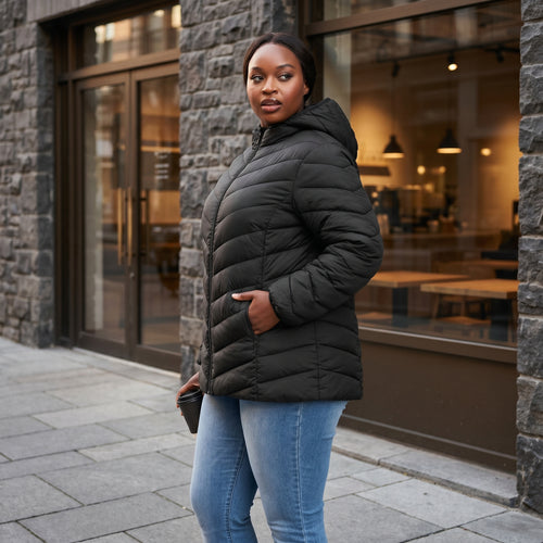 HHE plus size women's lightweight packable quilted jacket in classic black, warm and comfortable functional everyday wear, worn outdoors in the city.
