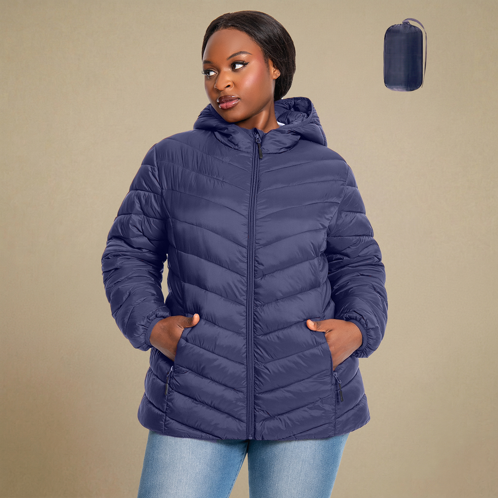 HHE plus size women's lightweight packable quilted jacket in navy blue, warm and comfortable functional outerwear, front view.