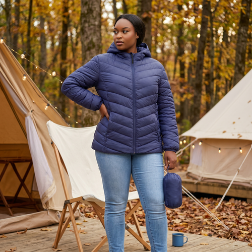 HHE plus size women's lightweight packable quilted jacket in navy blue, warm and comfortable functional everyday wear, worn outdoors at a campsite.