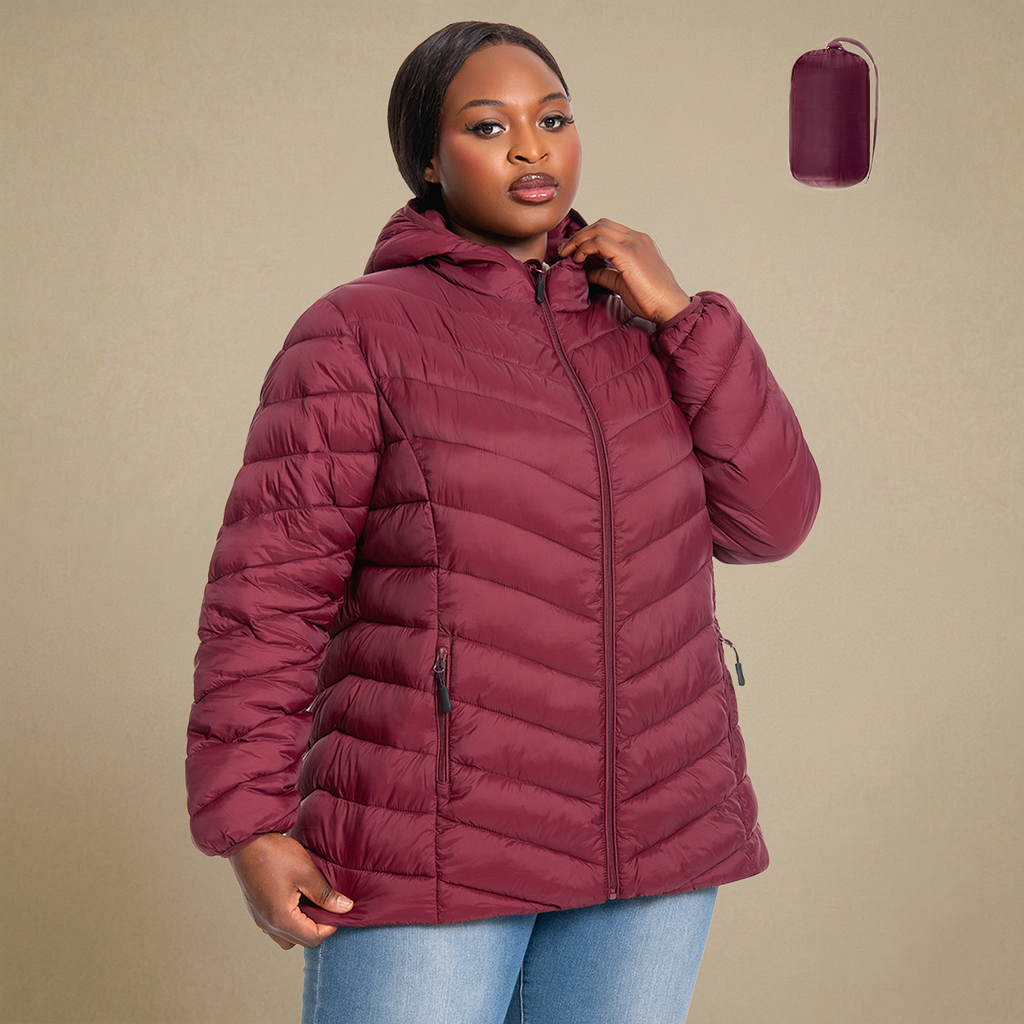 HHE plus size women's lightweight packable quilted jacket in burgundy red, warm and comfortable functional outerwear, front view.