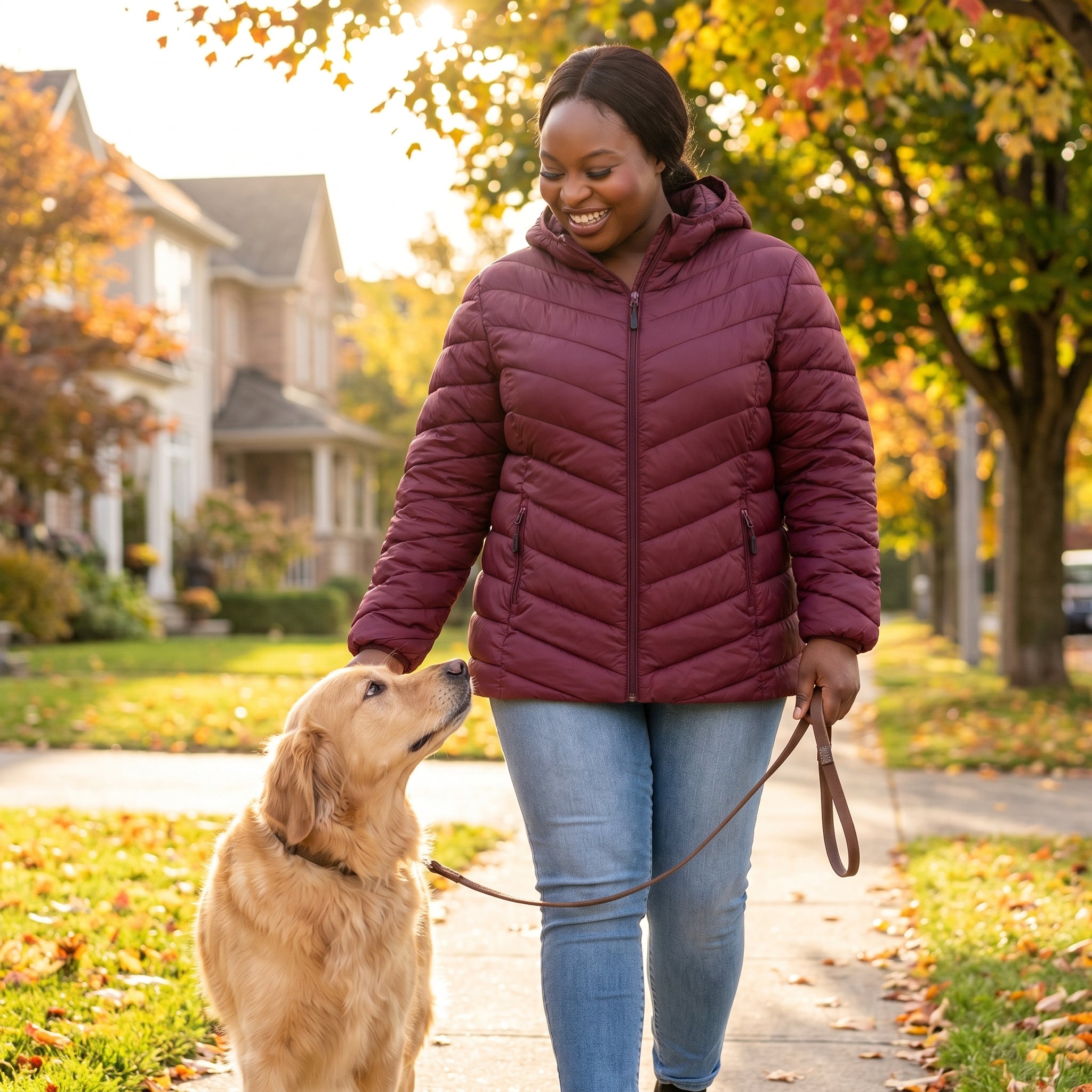 HHE plus size women's lightweight packable quilted jacket in burgundy red, warm and comfortable functional everyday wear, worn outdoors walking a dog.