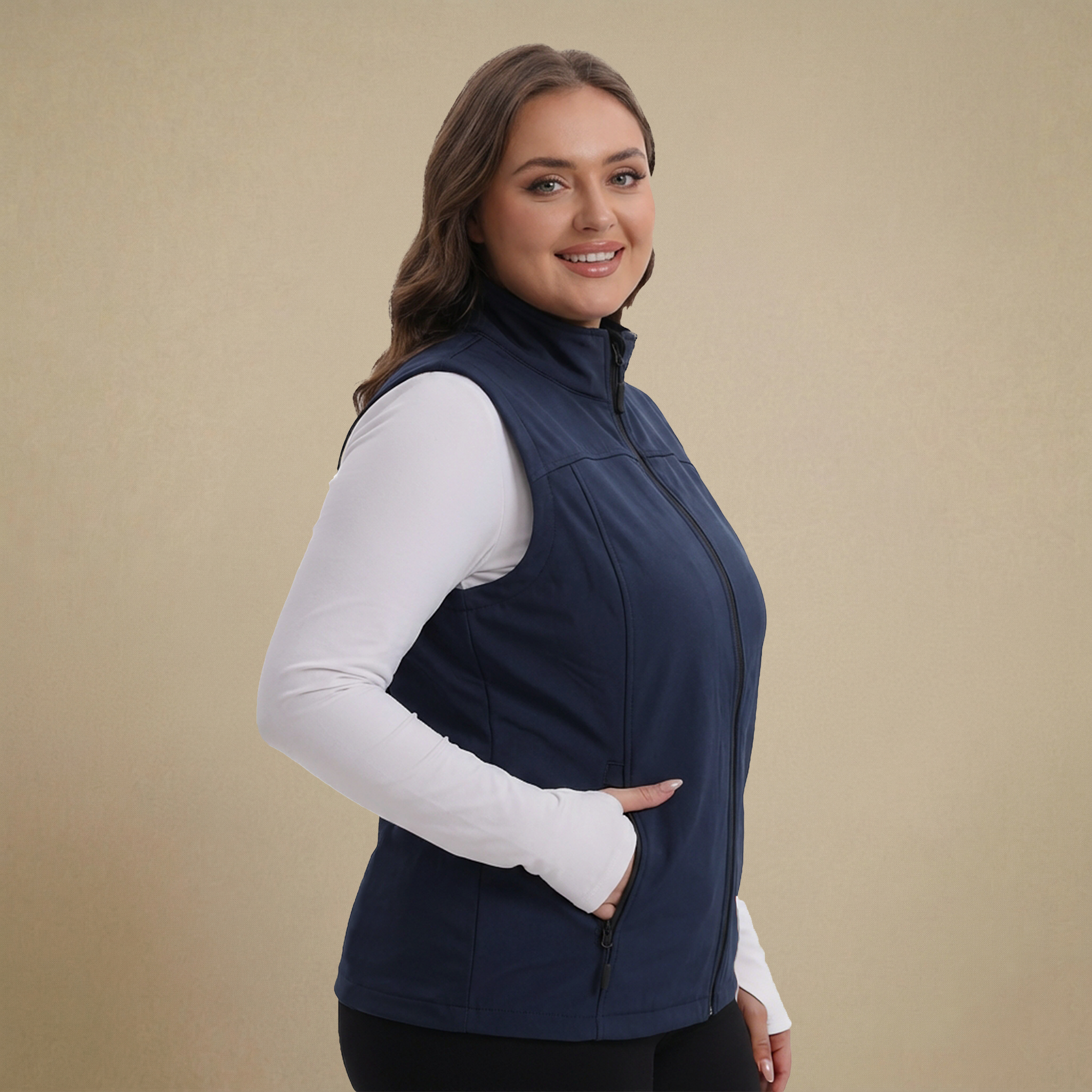 HHE plus size women's lightweight vest in navy blue, comfortable zip-up sleeveless outerwear, front view.