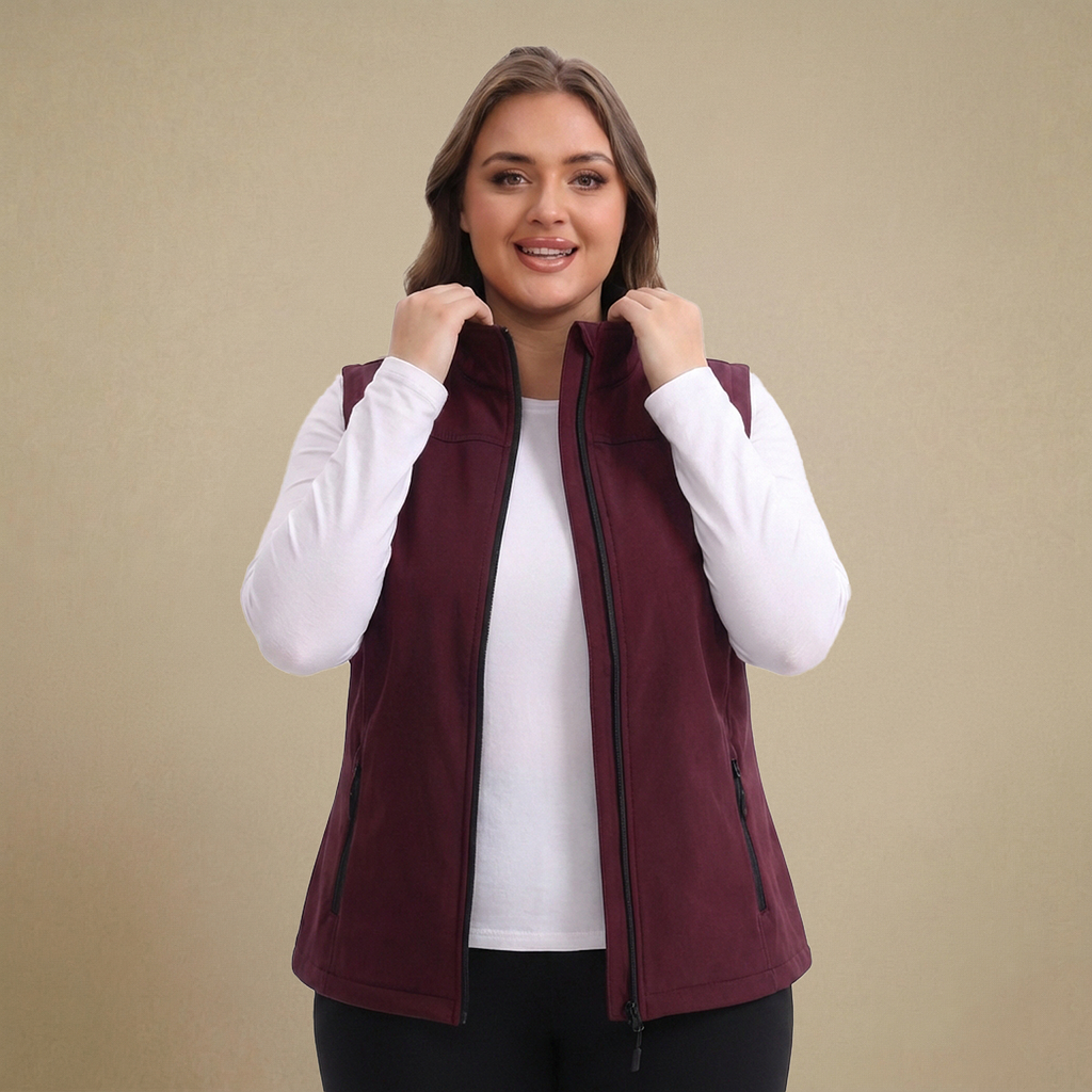 HHE plus size women's lightweight vest in burgundy red, comfortable zip-up sleeveless outerwear, front view.