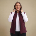 HHE plus size women's lightweight vest in burgundy red, comfortable zip-up sleeveless outerwear, front view.