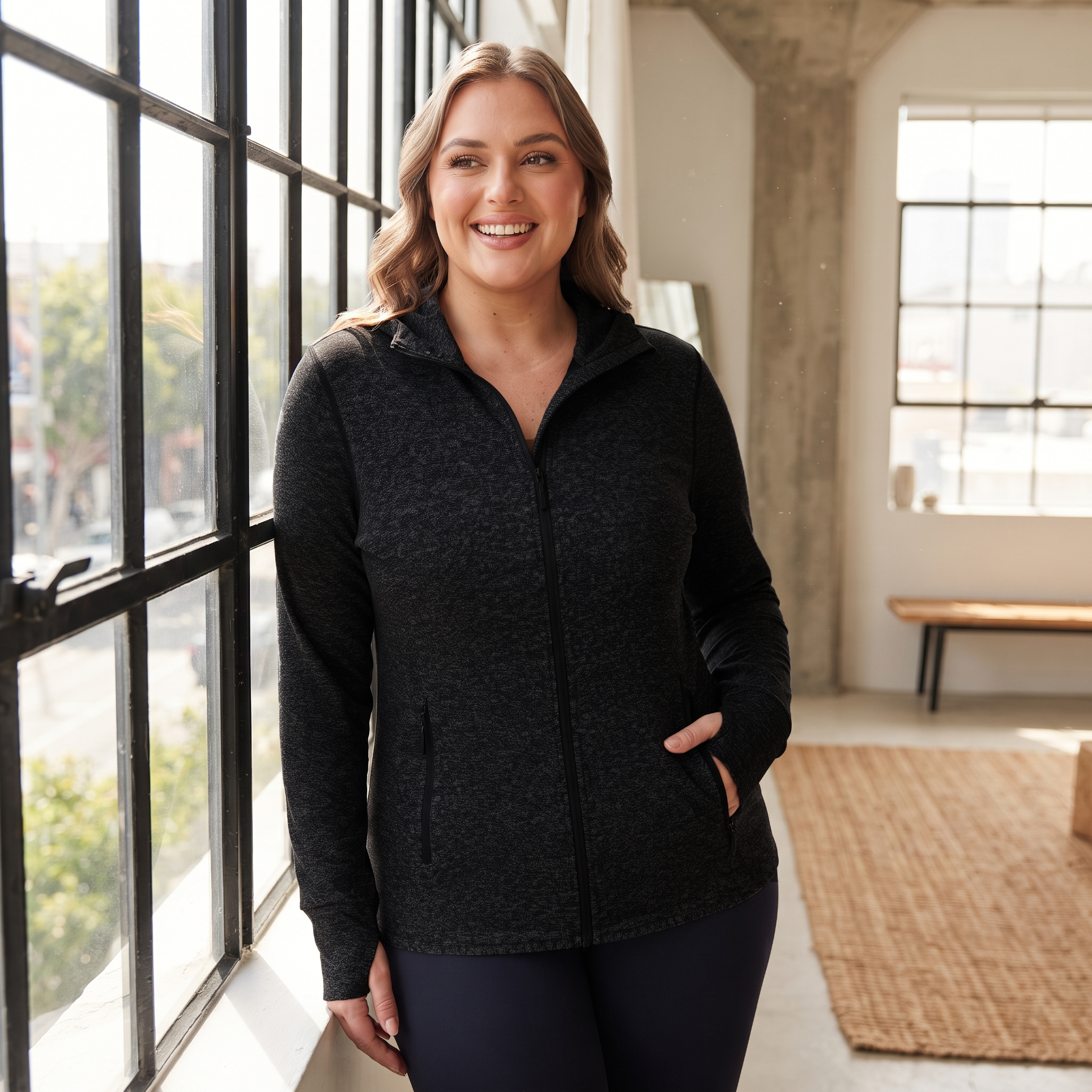Black Heather | HHE plus size women's lightweight zip-up jacket, scene diagram.