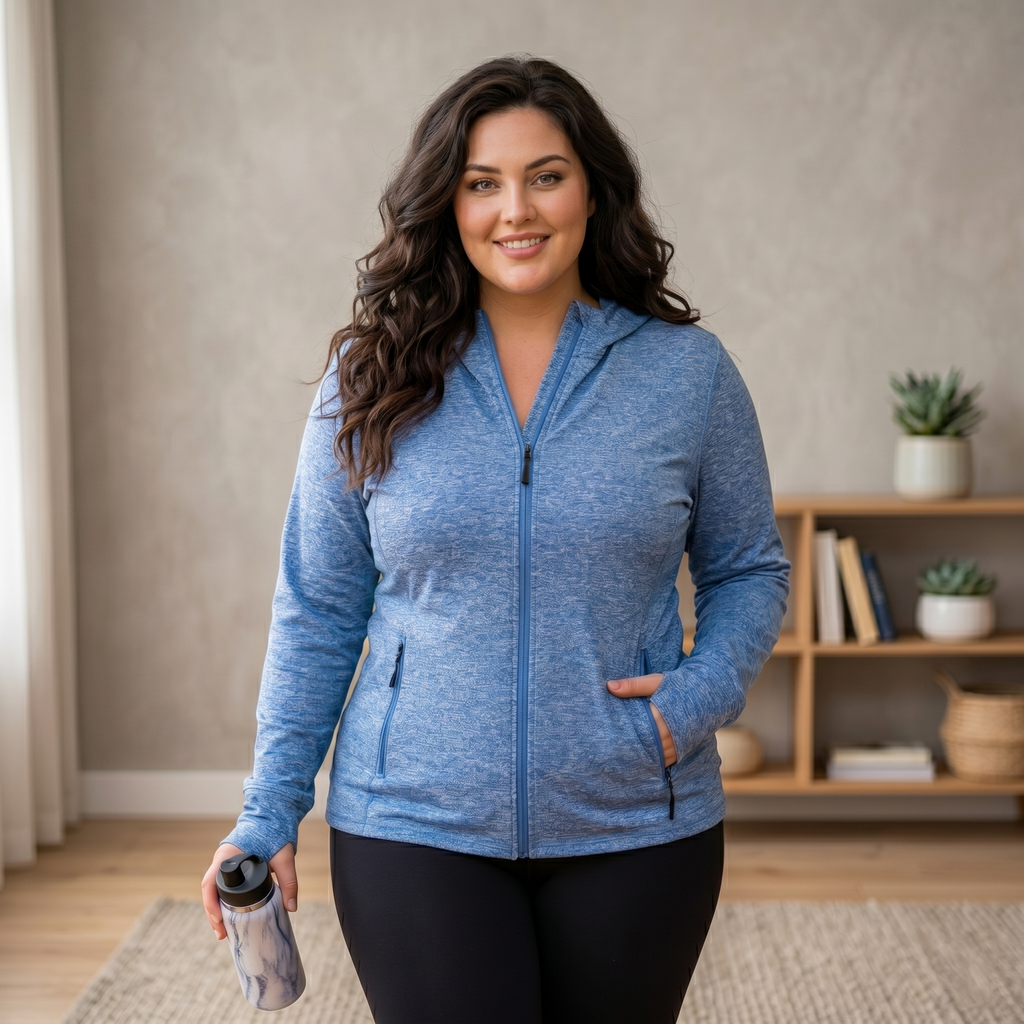 HHE plus size women's lightweight zip-up jacket in bright blue, comfortable activewear, worn indoors holding a water bottle.