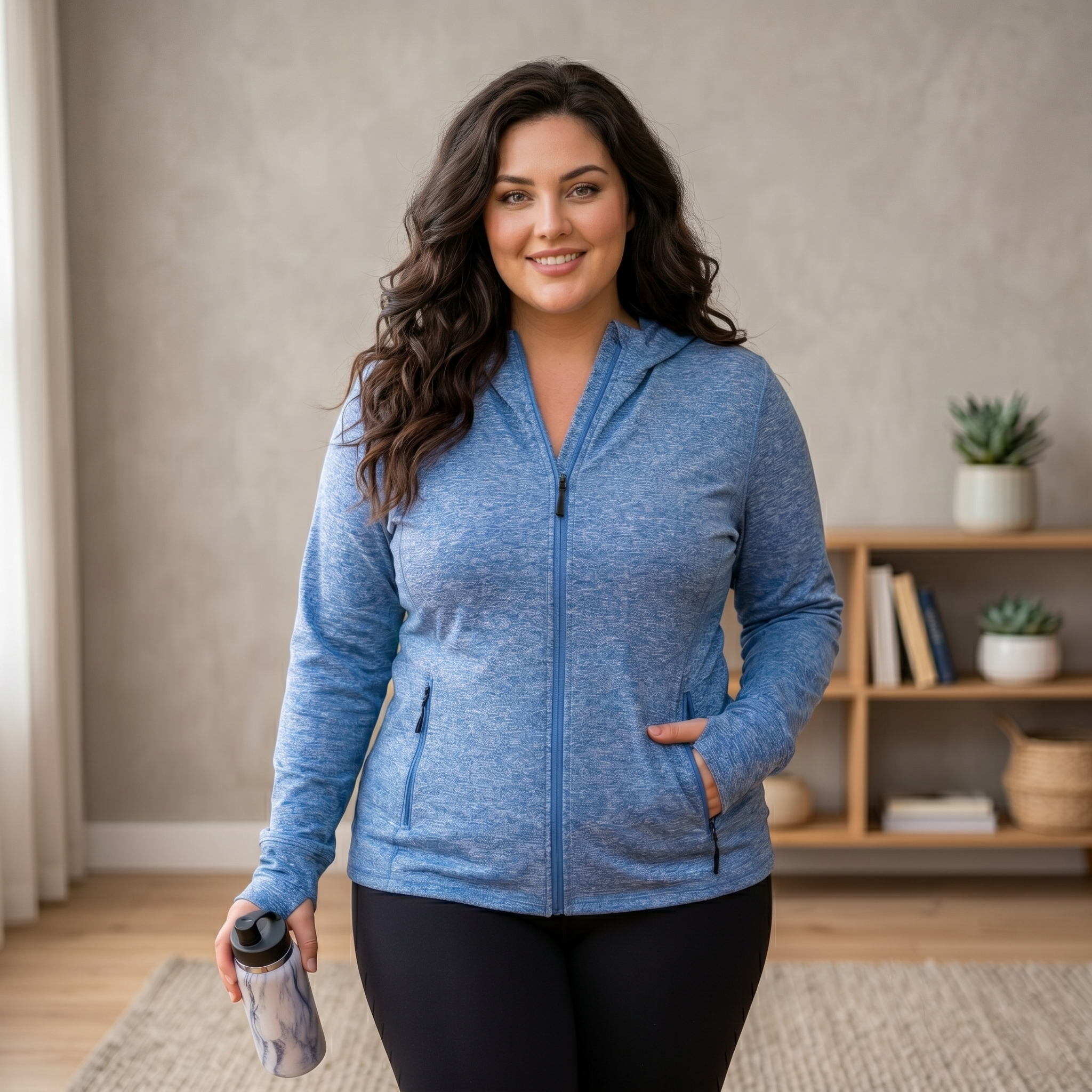 HHE plus size women's lightweight zip-up jacket in bright blue, comfortable activewear, worn indoors holding a water bottle.