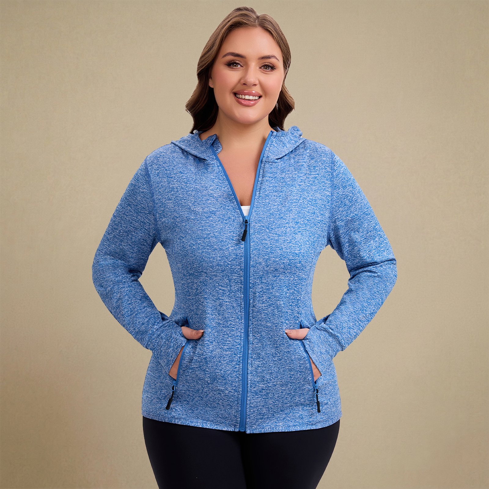 HHE plus size women's lightweight zip-up jacket in bright blue, comfortable activewear, front view.