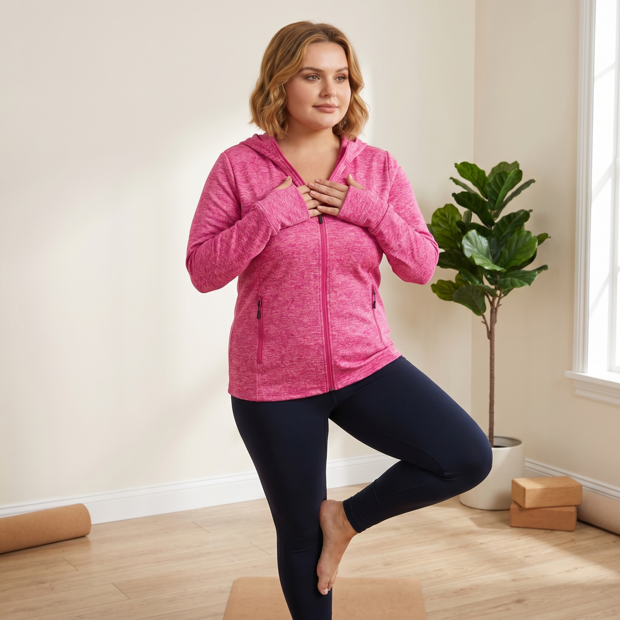 HHE plus size women's lightweight zip-up jacket in vibrant red, comfortable activewear, model doing yoga stretching indoors.