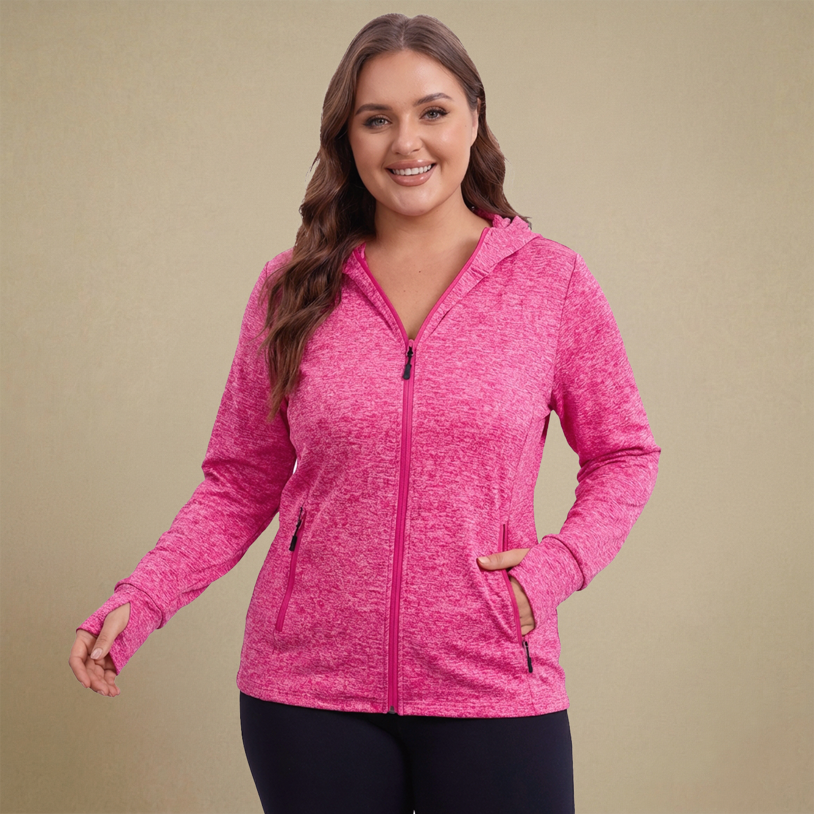 HHE plus size women's lightweight zip-up jacket in vibrant red, comfortable activewear, front view.
