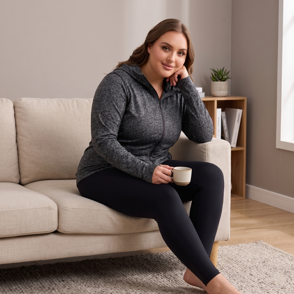 HHE plus size women's lounge jacket in grey, warm and comfortable everyday wear, worn indoors sitting on a sofa.