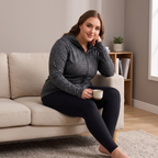 HHE plus size women's lounge jacket in grey, warm and comfortable everyday wear, worn indoors sitting on a sofa.