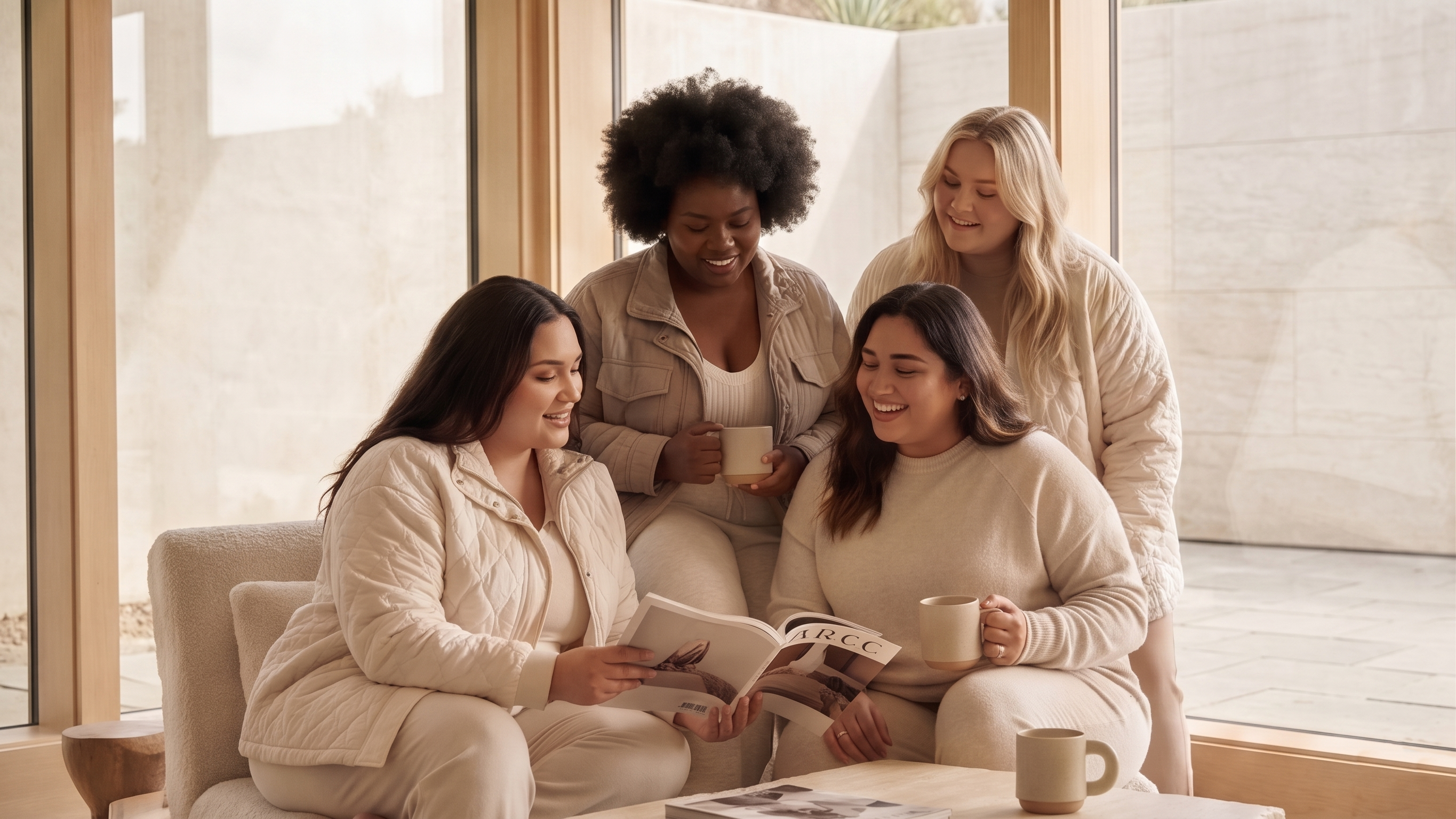 HHE plus size women's loungewear sets in oatmeal, warm and comfortable apparel worn indoors in a relaxed living room setting.