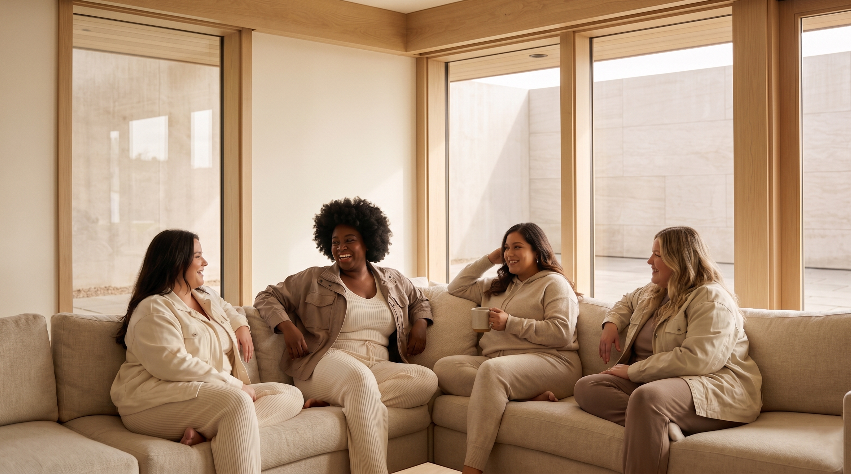 HHE plus size women's loungewear sets in oatmeal, warm and comfortable apparel worn indoors in a relaxed living room setting.