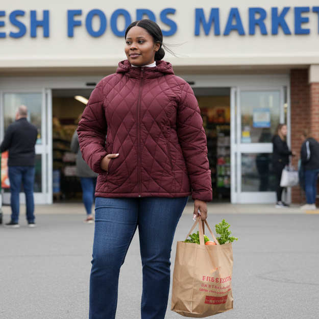 HHE plus size women's mid-length puffer jacket in burgundy red, warm and comfortable functional everyday wear, worn outdoors carrying groceries.