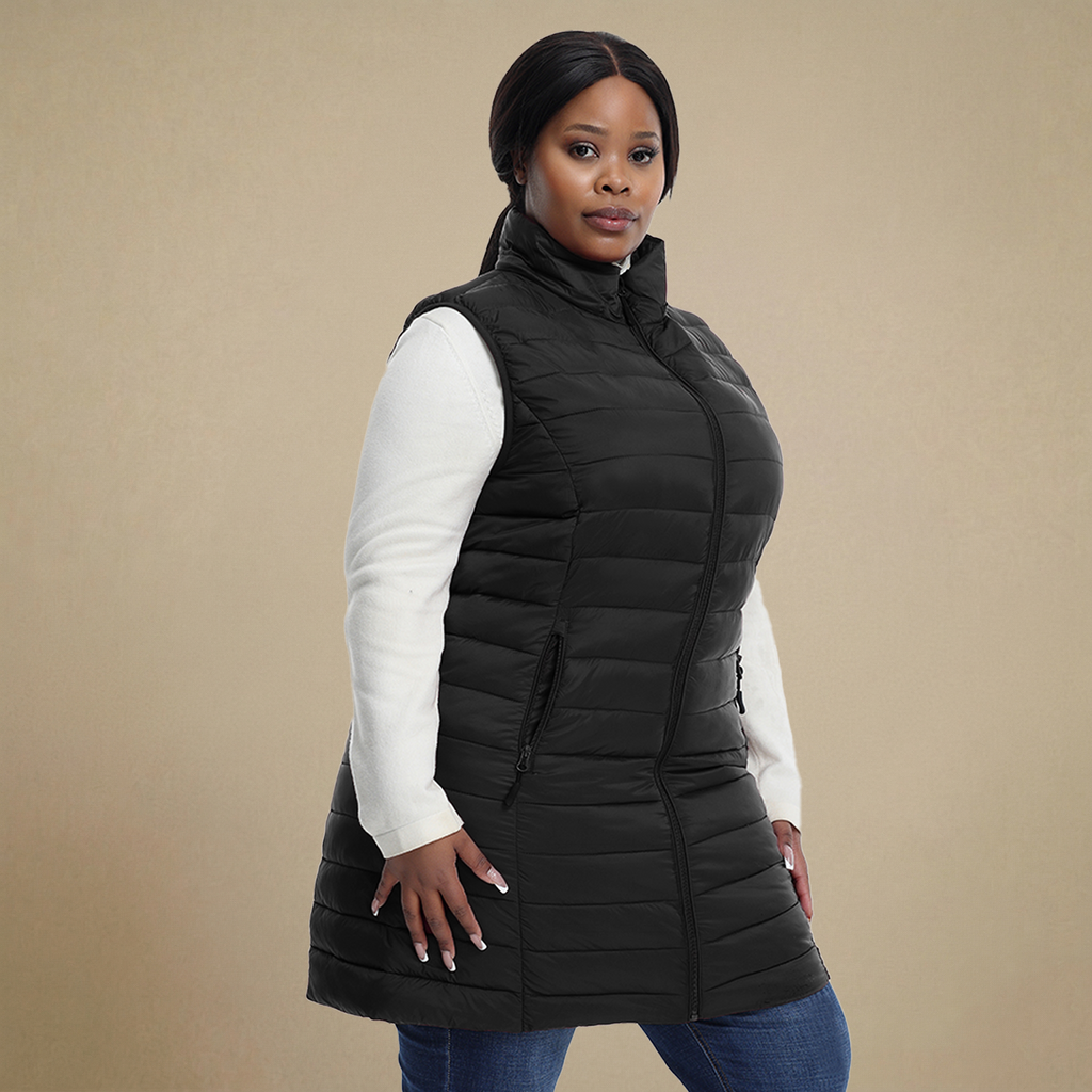 HHE plus size women's mid-length puffer vest in classic black, warm and comfortable sleeveless outerwear, front view.