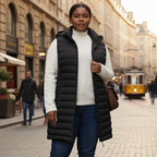 HHE plus size women's mid-length puffer vest in classic black, warm and comfortable sleeveless outerwear, worn outdoors in the city.